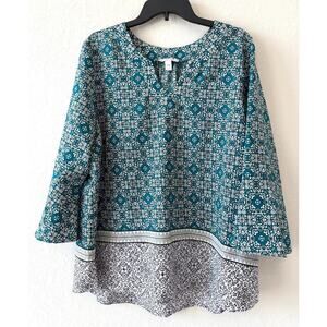 Dana Buchman Teal Boho Geometric Top 3/4 Flared Sleeves Women's Plus Size XXL